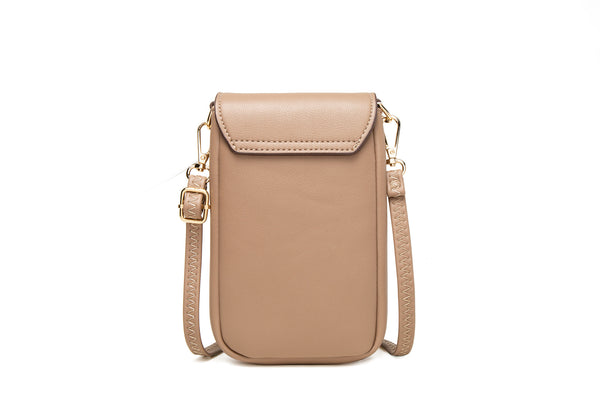 Floral Stitch Quilted PU Leather Crossbody Phone Mini Purse Bag Beige Brown