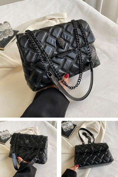 Quilted Diamond PU Leather Crossbody Shoulder Bag Handbag Chain Strap Black
