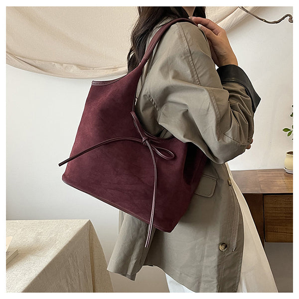 Faux Suede Finish PU Leather Shoulder Tote Bag Handbag Tie Accent Claret Red