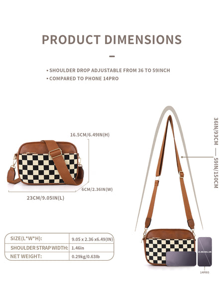 Checkerboard Crossbody Camera Bag PU Leather Adjustable Strap Brown