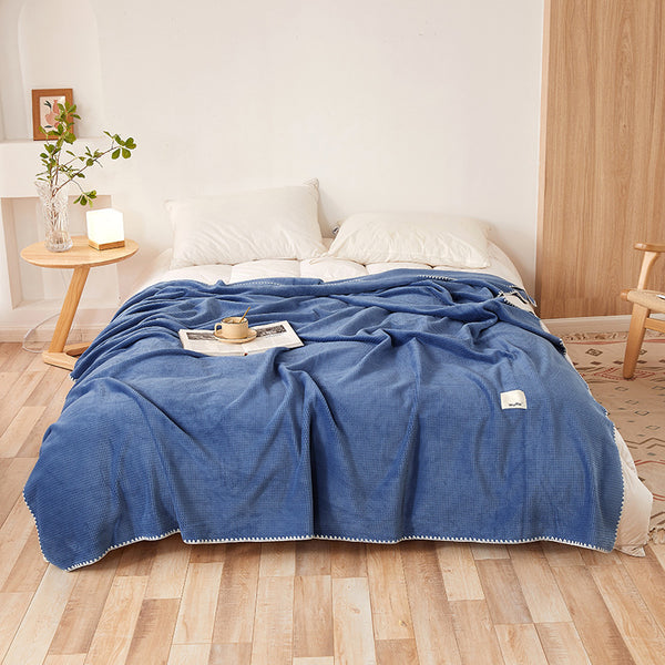 Dual Sided Waffle Plush Fleece Blanket Throw Rug 200 x 230cm Blue