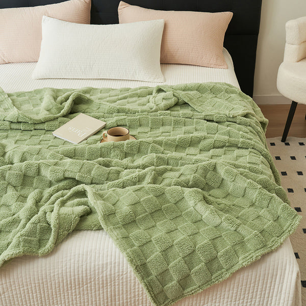 Checkered Waffle Texture Plush Fleece Blanket Throw Rug 200 x 230cm Light Green