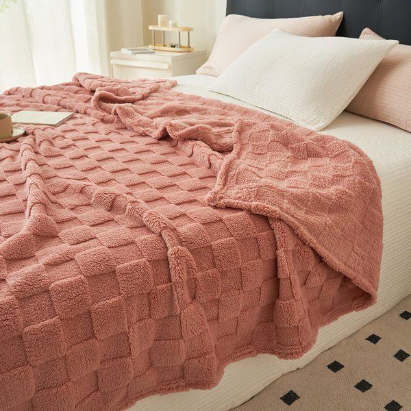 Checkered Waffle Texture Plush Fleece Blanket Throw Rug 200 x 230cm Pink
