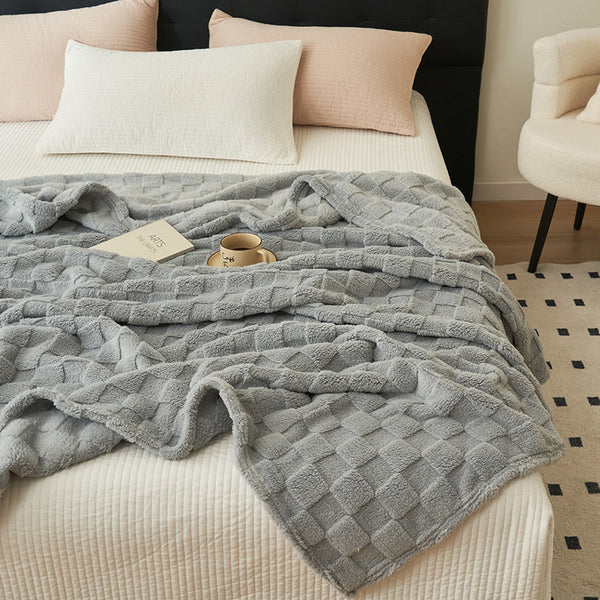 Checkered Waffle Texture Plush Fleece Blanket Throw Rug 200 x 230cm Grey