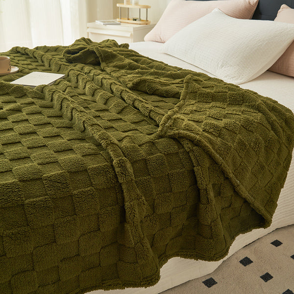 Checkered Waffle Texture Plush Fleece Blanket Throw Rug 200 x 230cm Dark Green