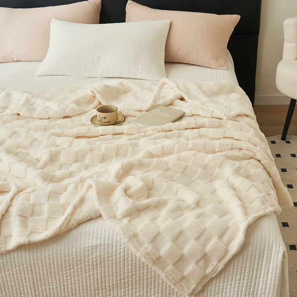 Checkered Waffle Texture Plush Fleece Blanket Throw Rug 200 x 230cm Milky White