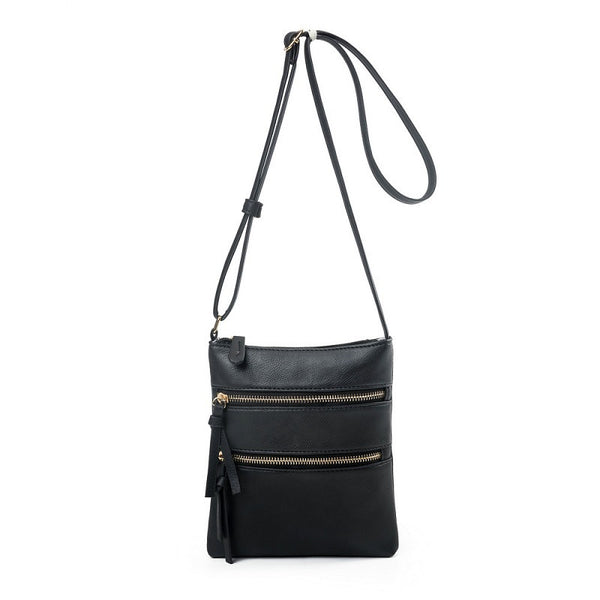 PU Leather Compact Crossbody Bag Adjustable Strap Double Zip 18 x 21cm Black