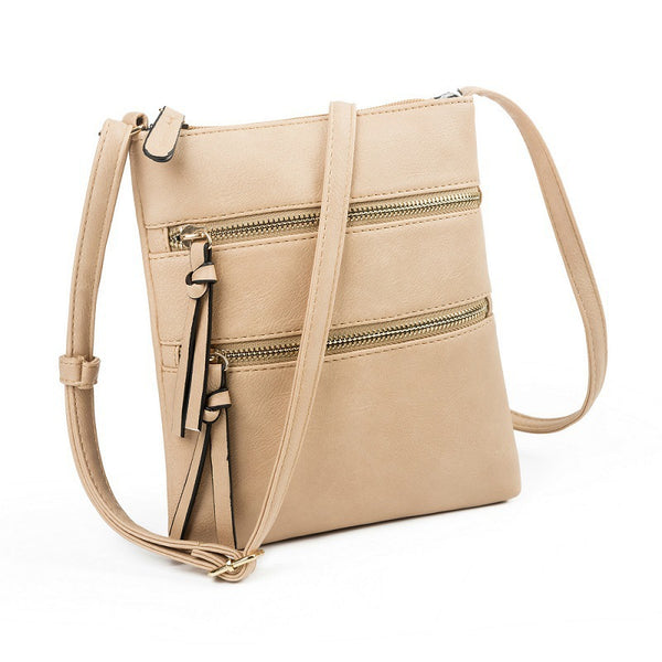 PU Leather Compact Crossbody Bag Adjustable Strap Double Zip 18 x 21cm Khaki