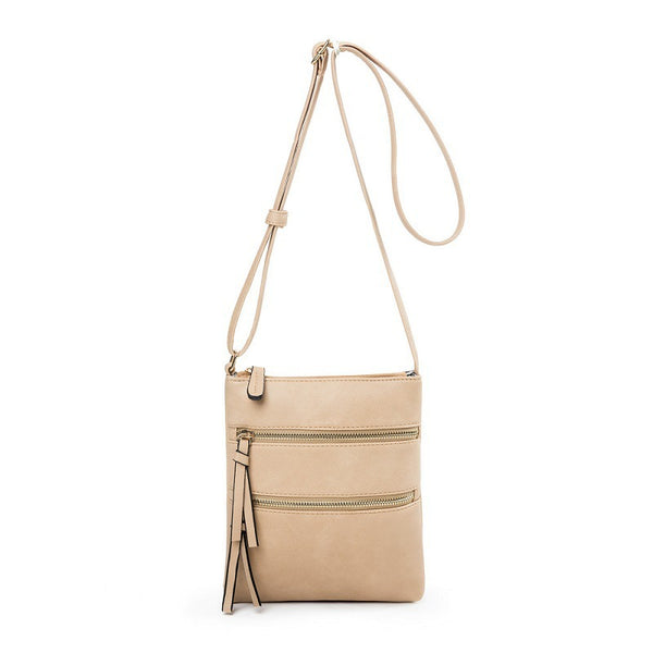 PU Leather Compact Crossbody Bag Adjustable Strap Double Zip 18 x 21cm Khaki