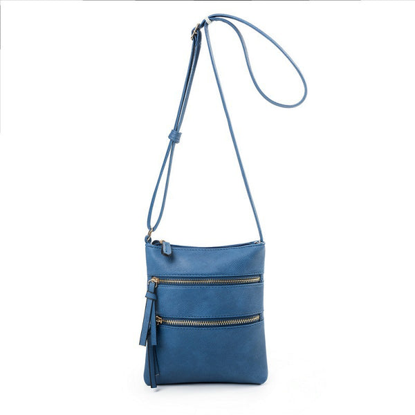 PU Leather Compact Crossbody Bag Adjustable Strap Double Zip 18 x 21cm Blue