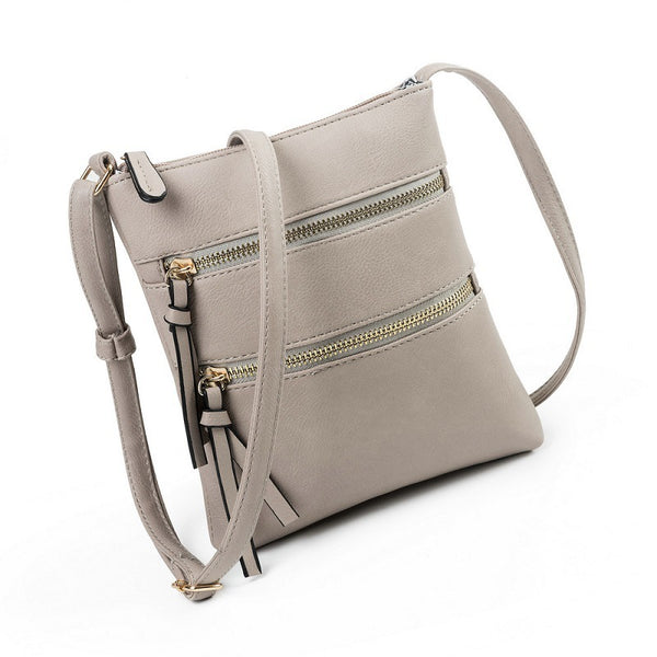 PU Leather Compact Crossbody Bag Adjustable Strap Double Zip 18 x 21cm Grey