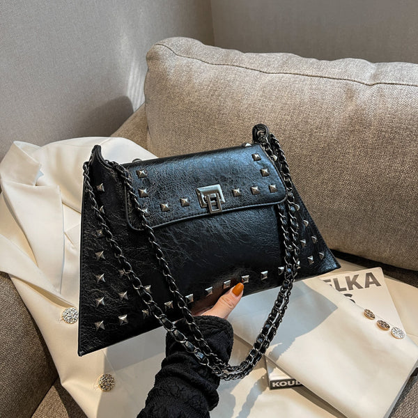 Faux PU Leather Studded Envelope Crossbody Shoulder Bag Chain Strap Black