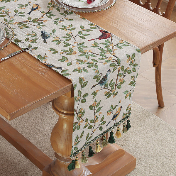 Vintage Retro Jacquard Embroidered Table Runner Tablerunner 30cm x 180cm Birds Cream