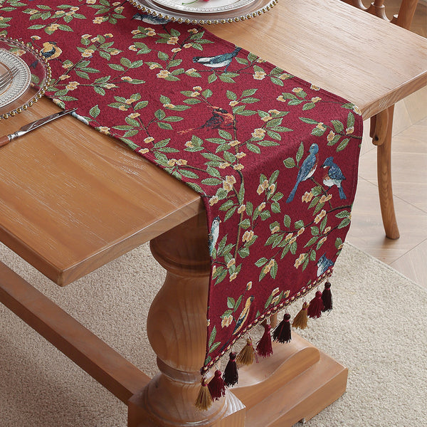 Vintage Retro Jacquard Embroidered Table Runner Tablerunner 30cm x 180cm Birds Red