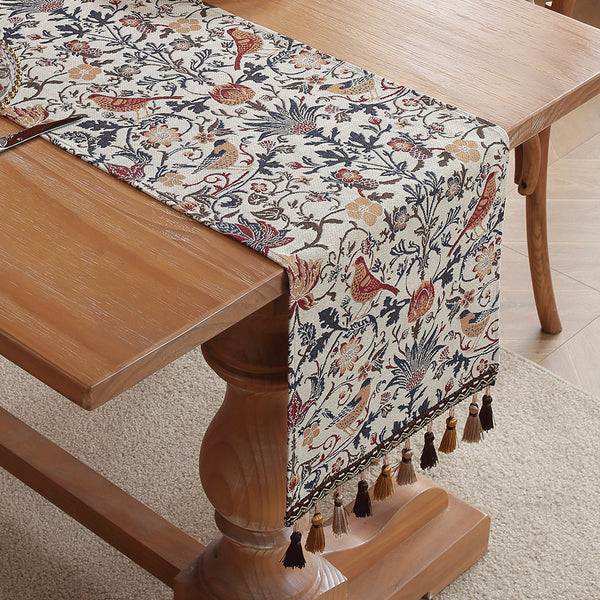Vintage Style Jacquard Table Runner Tablerunner Tassels 30cm x 180cm Birds