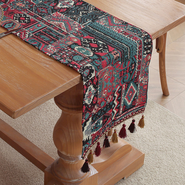 Vintage Style Embroidered Jacquard Table Runner Tablerunner Tassels 30cm x 180cm