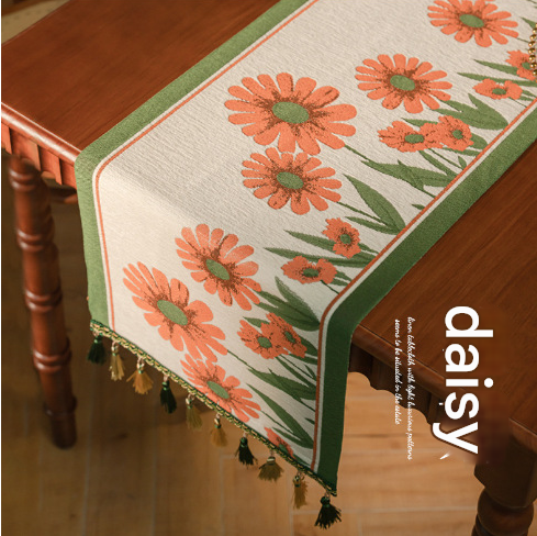 Jacquard Table Runner Tablerunner Tassels 30cm x 180cm Daisies