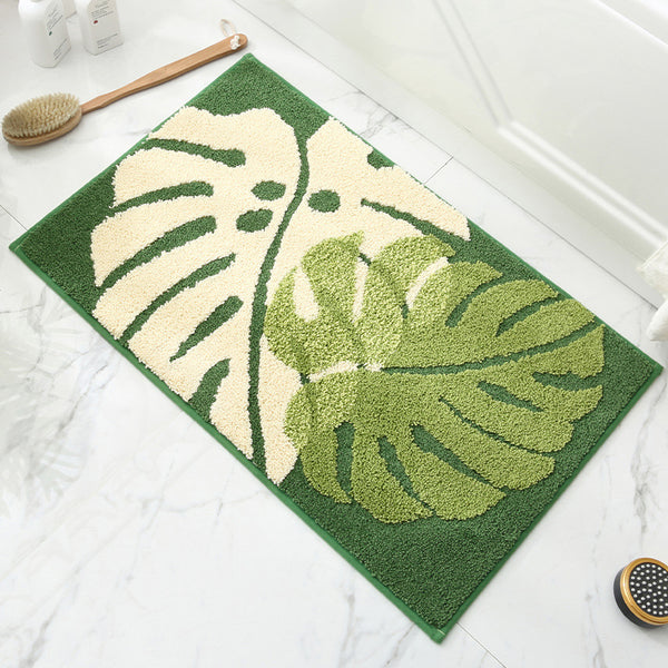 Tropical Leaves Monstera Jacquard Bath Bathroom Mat Rug Non Slip 40 x 60cm Green