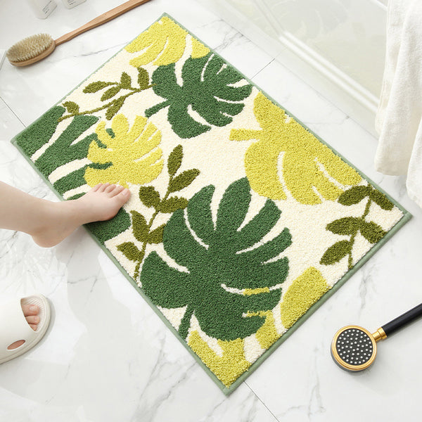 Tropical Leaves Jacquard Bath Bathroom Mat Rug Non Slip 40 x 60cm Green