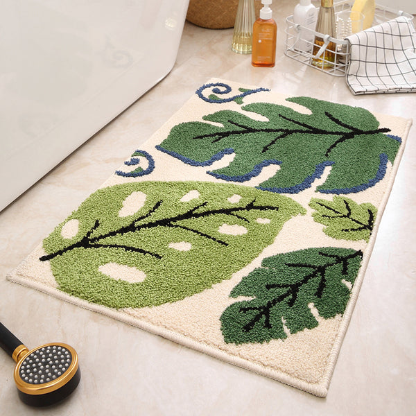 Leaves Jacquard Bath Shower Bathroom Mat Rug Non Slip 40 x 60cm Beige Green