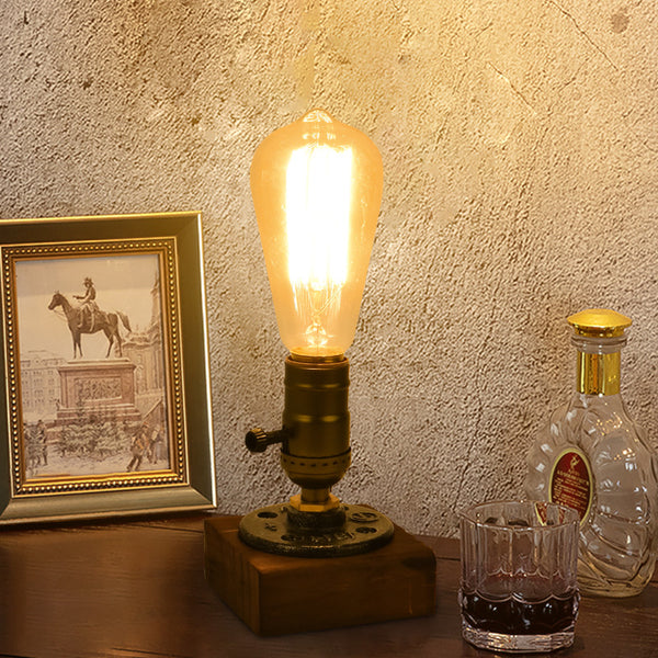 Metal Rustic Industrial Vintage Look Side Table Lamp Light Wooden Base