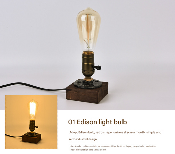 Metal Rustic Industrial Vintage Look Side Table Lamp Light Wooden Base