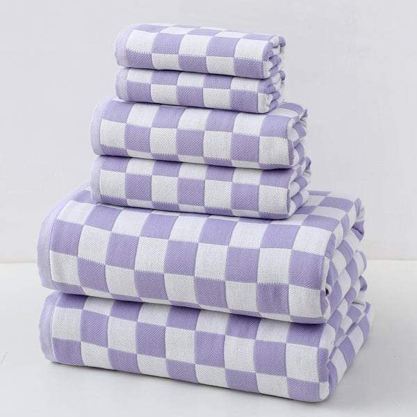 6 Piece Checked Cotton Gauze Bath Hand Face Towel Set Purple