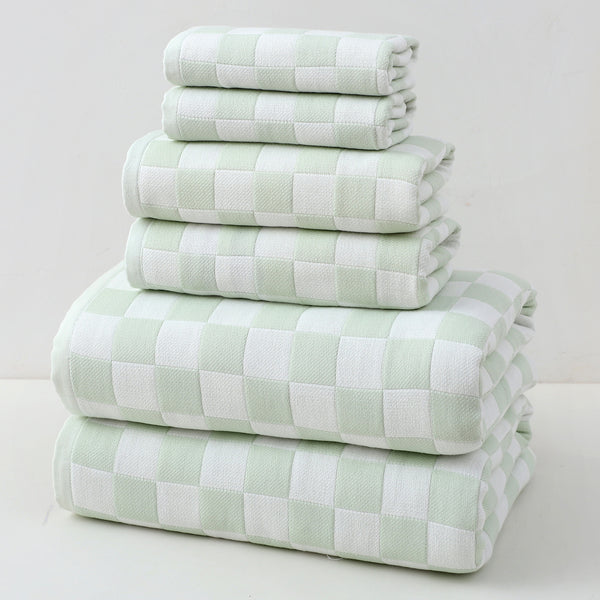 6 Piece Checked Cotton Gauze Bath Hand Face Towel Set Light Green
