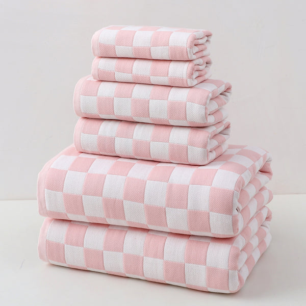 6 Piece Checked Cotton Gauze Bath Hand Face Towel Set Pink