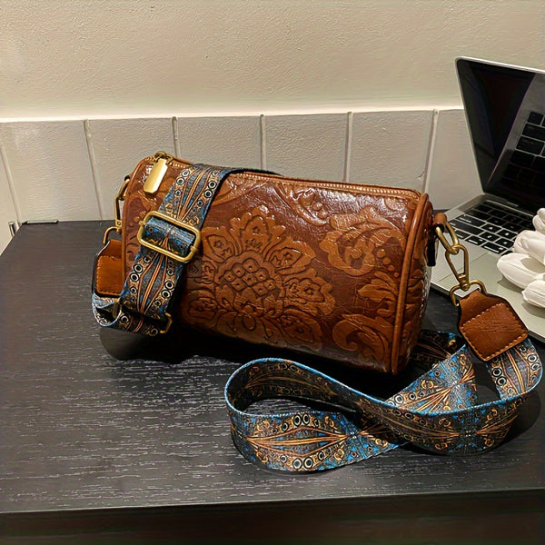 Faux PU Leather Floral Embossed Crossbody Barrel Bag Woven Strap Brown