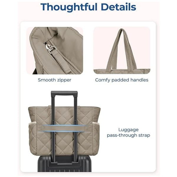Nylon Quilted Multi Pocket Tote Bag Handbag Laptop Sleeve 20L Beige