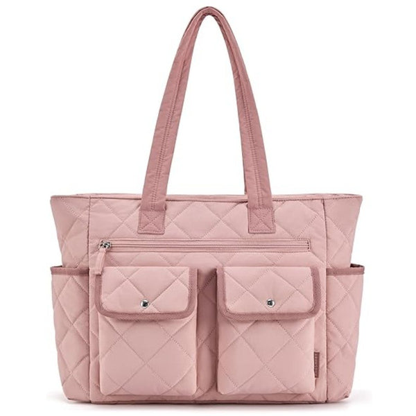 Nylon Quilted Multi Pocket Tote Bag Handbag Laptop Sleeve 20L Pink