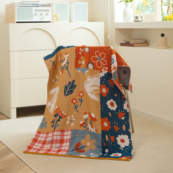 Cotton Gauze Bath Towel Highly Absorbent Multicolour Rabbit Floral