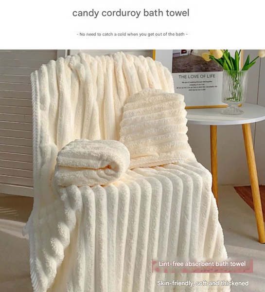 3 Pce Ribbed Coral Fleece Bath Hand Towel Hair Wrap Set Cream