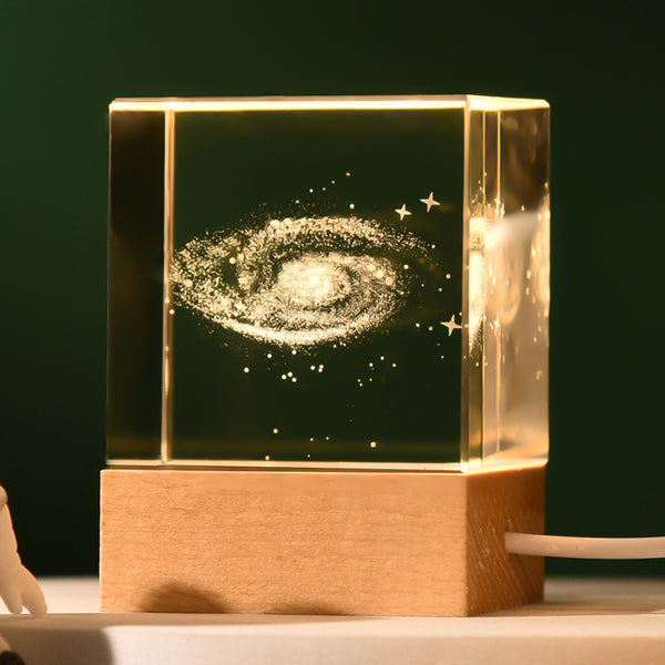 3D Crystal Cube Bedside Night Light Lamp Laser Engraved Wood Base USB Milky Way