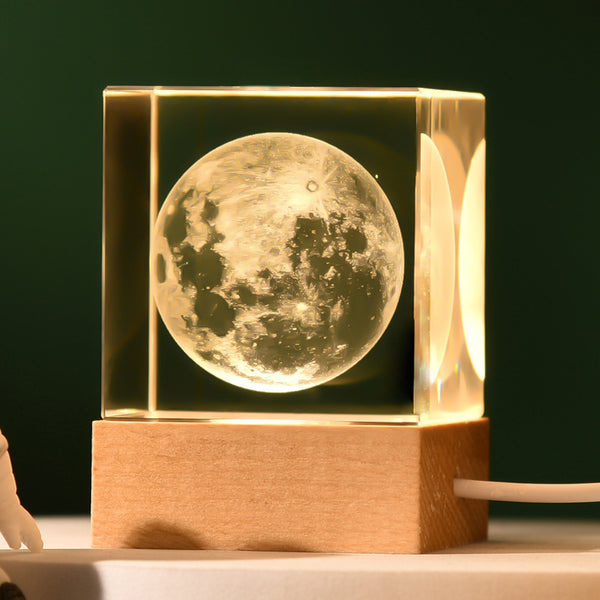 3D Crystal Cube Bedside Night Light Lamp Laser Engraved Wood Base USB Moon