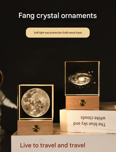 3D Crystal Cube Bedside Night Light Lamp Laser Engraved Wood Base USB Moon