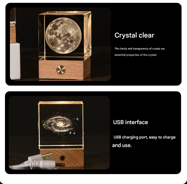 3D Crystal Cube Bedside Night Light Lamp Laser Engraved Wood Base USB Moon