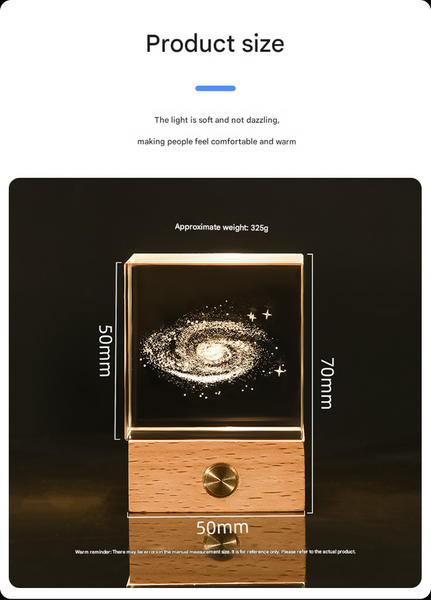 3D Crystal Cube Bedside Night Light Lamp Laser Engraved Wood Base USB Saturn