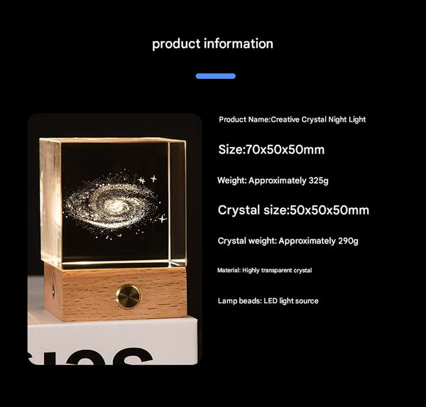 3D Crystal Cube Bedside Night Light Lamp Laser Engraved Wood Base USB Stars