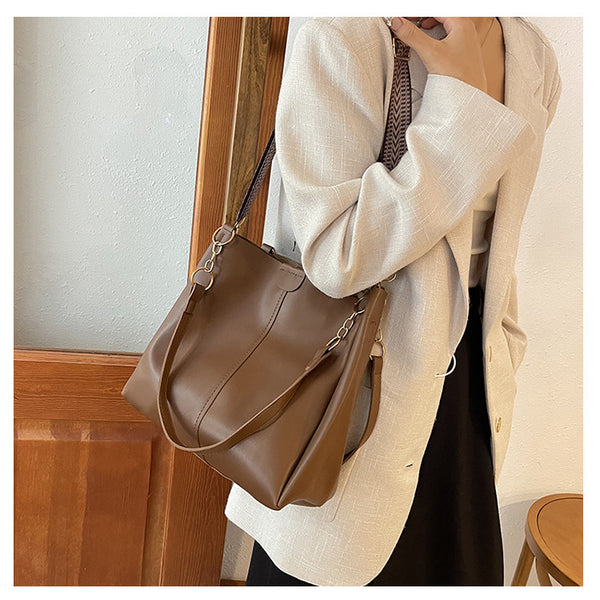Faux PU Leather 2-Piece Tote Crossbody Bag Handbag Set Brown