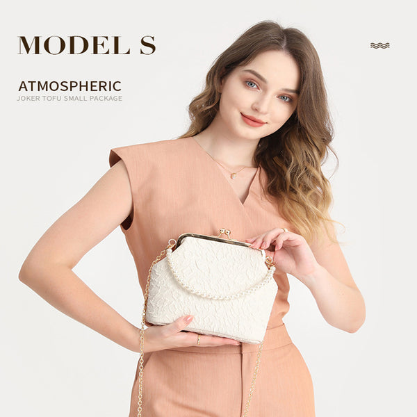Fabric Elegant Vintage Look Kiss Lock Shoulder Cluch Bag Pearl Look Strap White