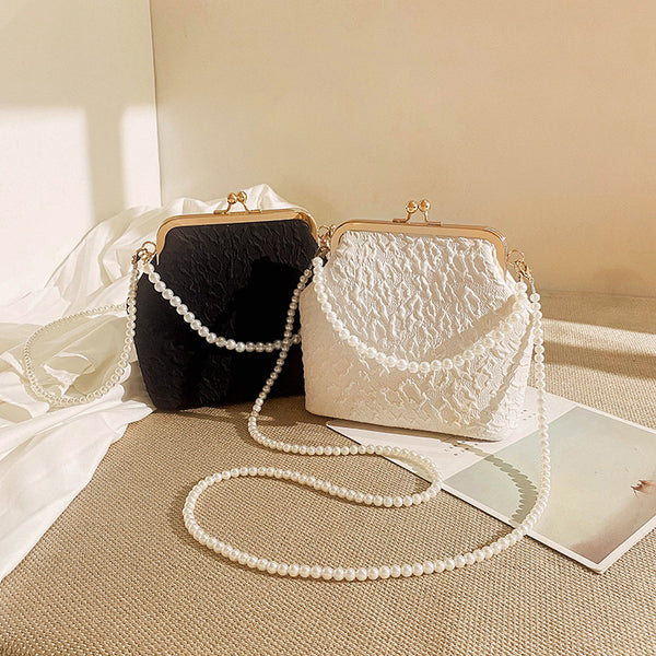 Fabric Elegant Vintage Look Kiss Lock Shoulder Cluch Bag Pearl Look Strap Black