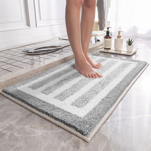 Plush Striped Bath Mat Rug Absorbent Non Slip Bathroom Grey 40 x 60cm