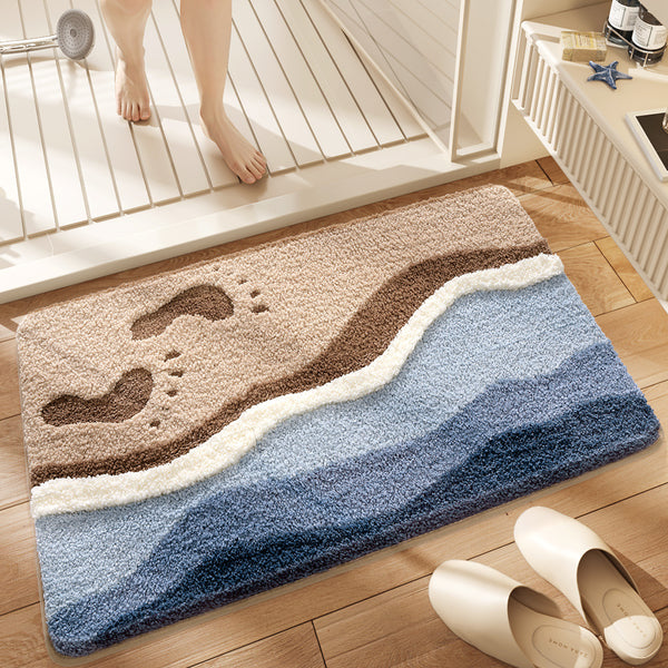 Footprints Beach Bath Bathroom Mat Rug Quick Dry Non Slip Blue Brown