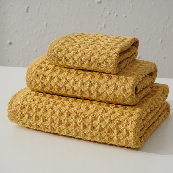 3 Pce Cotton Waffle Honeycomb Bath Hand Facecloth Flannel Towel Set Yellow