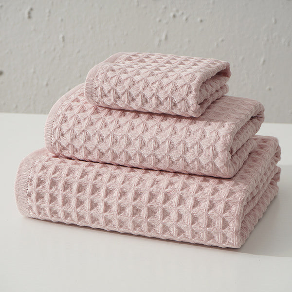 3 Pce Cotton Waffle Honeycomb Bath Hand Facecloth Flannel Towel Set Pink