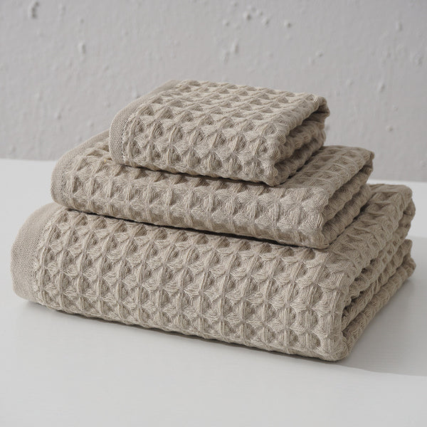 3 Pce Cotton Waffle Honeycomb Bath Hand Facecloth Flannel Towel Set Beige