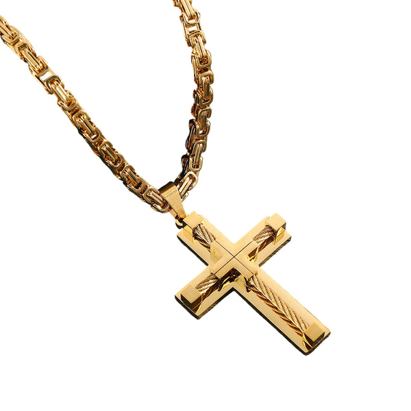 Men's Stainless Steel Layered Cross Pendant Byzantine Chain Necklace Gold Plate