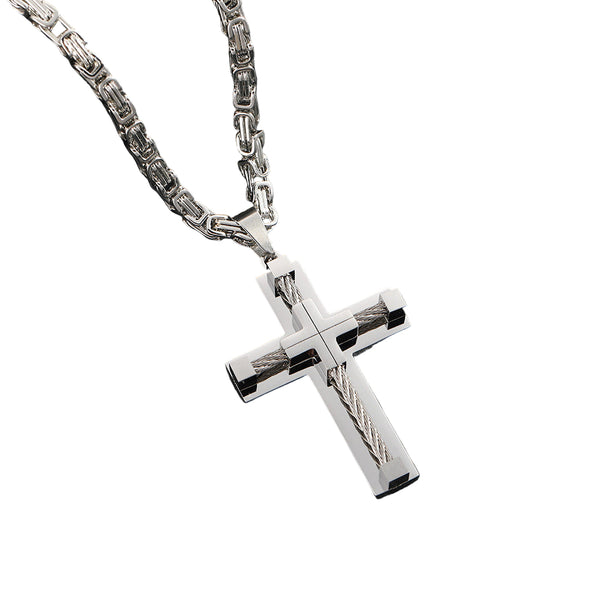 Men's Stainless Steel Layered Cross Pendant Byzantine Chain Necklace Silver